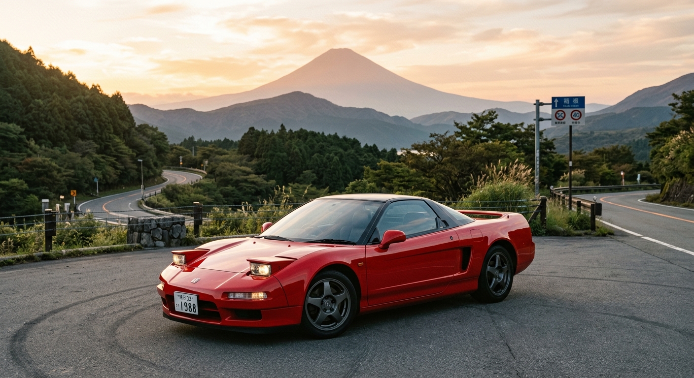 1988 Acura NSX prototype in red photographed during golden hour at a Japanese mountain pass