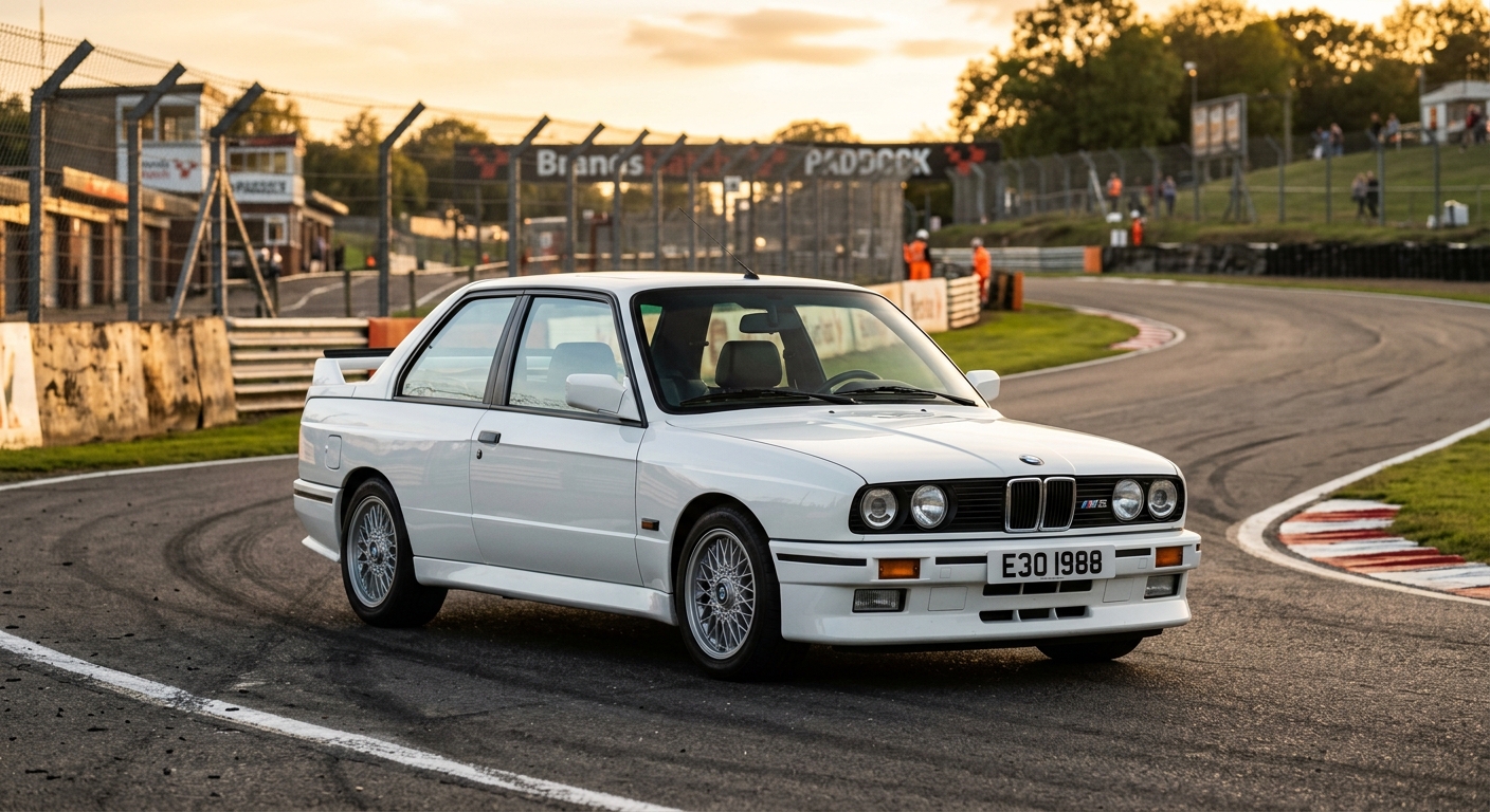 1988 BMW E30 M3 classic sports sedan photographed during golden hour at a race track