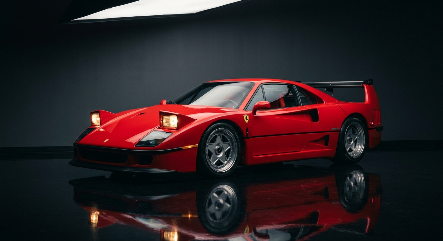 1988 Ferrari F40 red supercar in dramatic studio lighting with dark background