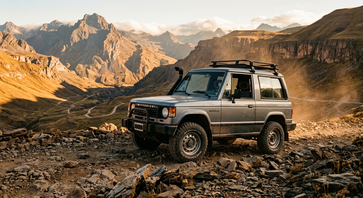 1988 Mitsubishi Montero off-road SUV in rugged mountain terrain