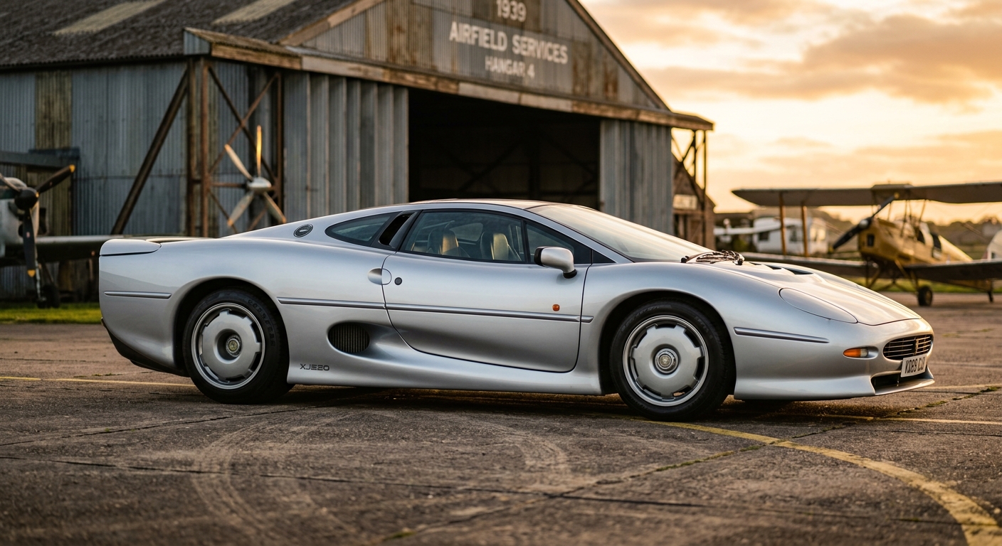 1989 Jaguar XJ220 in silver, photographed during golden hour at a classic British airfield