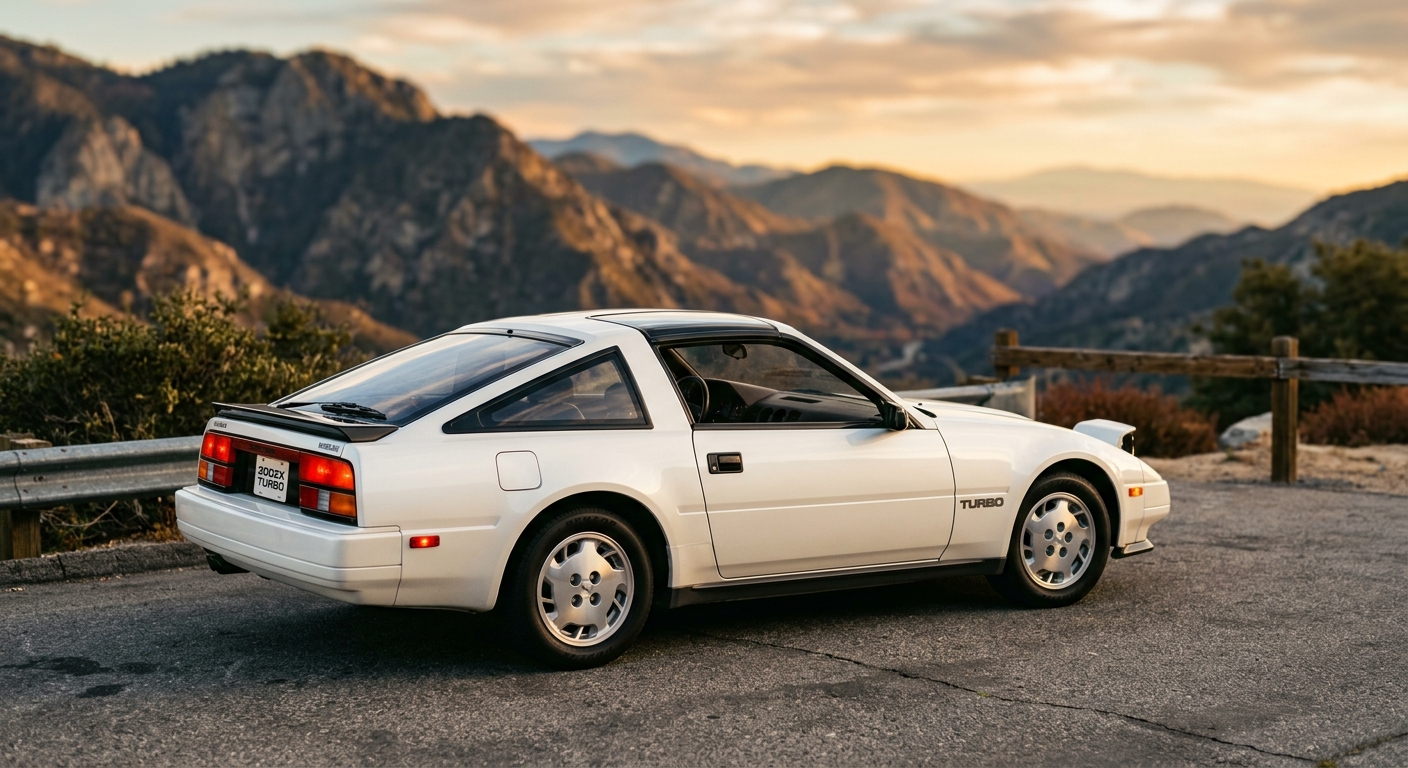 1989 Nissan 300ZX Turbo in pearl white photographed during golden hour at a scenic mountain overlook