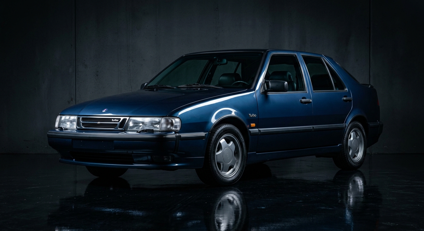 1989 Saab 9000 Turbo sedan in dark blue photographed in moody studio lighting with dramatic shadows