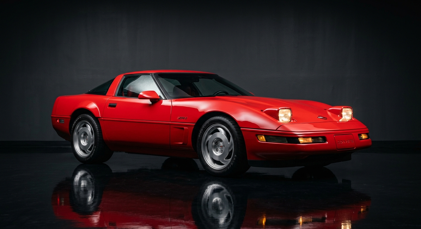 1990 Chevrolet Corvette ZR-1 in dramatic studio lighting with dark background and reflective floor