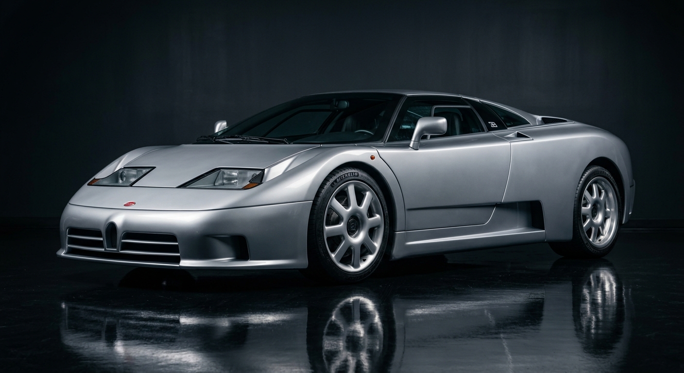 1991 Bugatti EB110 GT silver supercar in dramatic low-key studio lighting with dark background and reflective floor