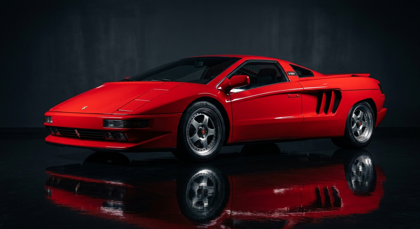 1991 Cizeta V16T Italian supercar in dramatic studio lighting with reflective floor