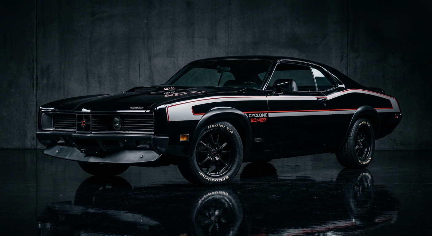 1991 Cyclone SC/427 muscle car photographed in dramatic studio lighting with dark background