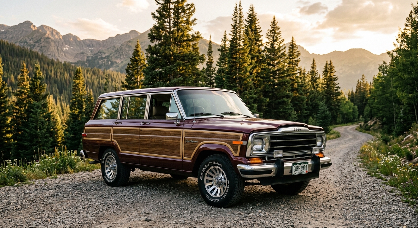 1991 Jeep Grand Wagoneer luxury SUV with wood grain paneling in golden hour lighting