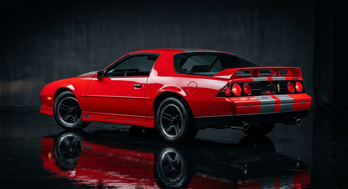 1992 Chevrolet Camaro Z28 in dramatic studio lighting with dark background and reflective floor