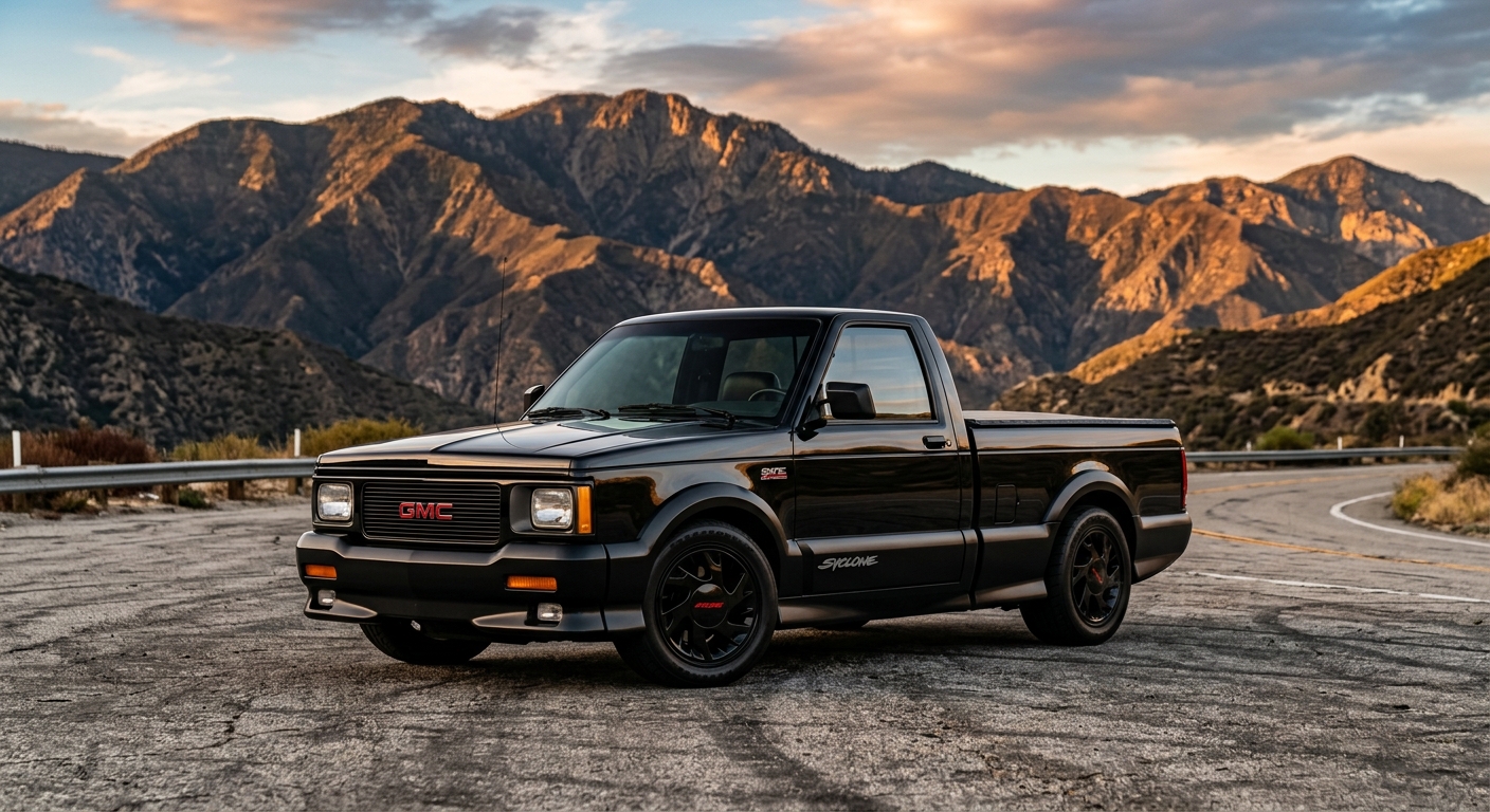 1992 GMC Syclone performance pickup truck in black, photographed in dramatic outdoor setting