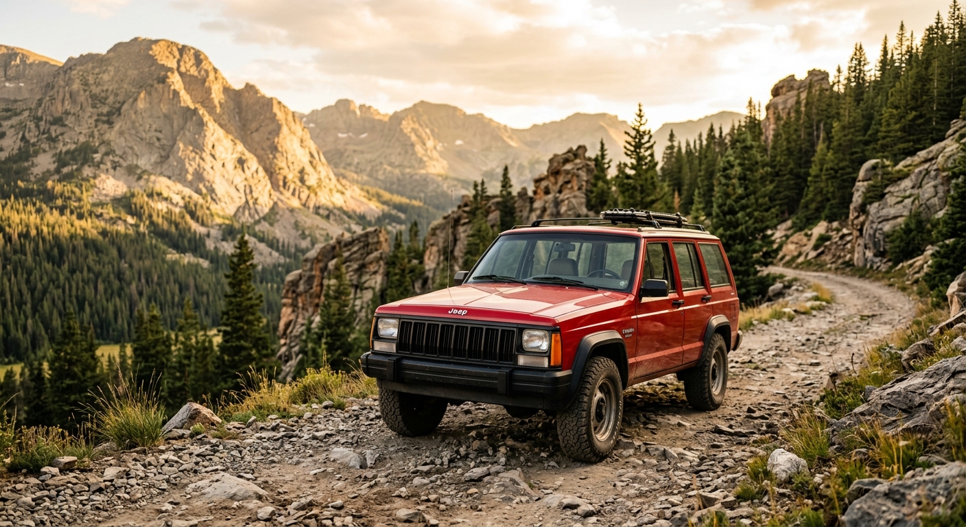 1992 Jeep Cherokee XJ compact SUV in red on mountain trail with dramatic landscape background