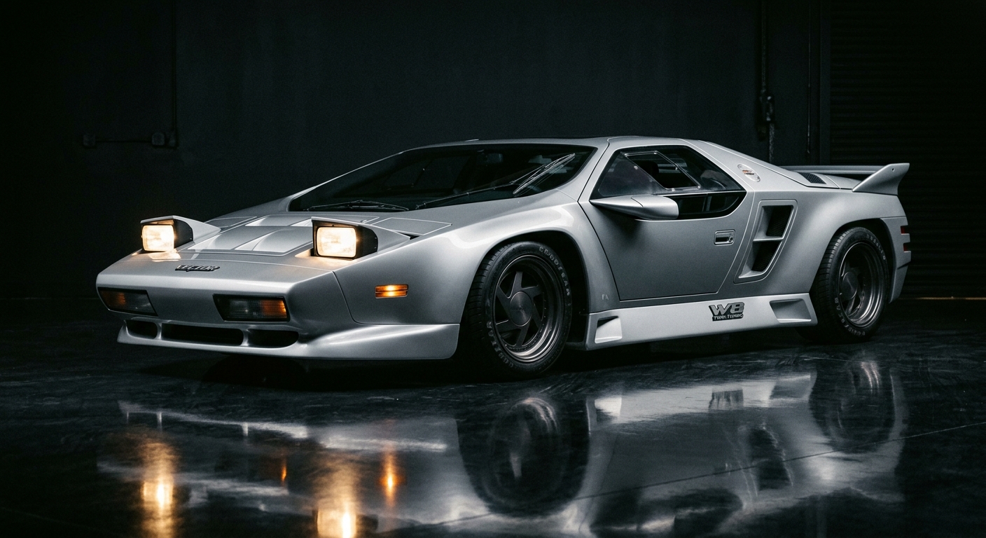 1992 Vector W8 American supercar in dramatic studio lighting showing angular wedge design
