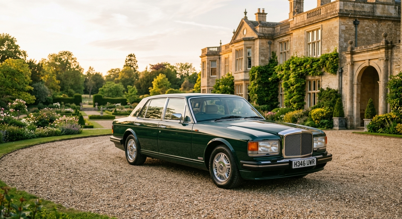 1993 Bentley Turbo R luxury sedan in classic British Racing Green parked at grand estate during golden hour