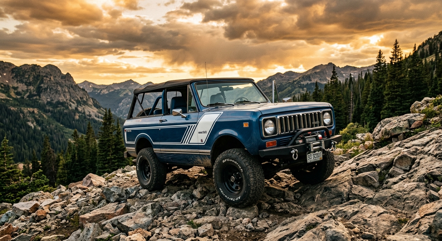 1993 International Scout SS II SUV in rugged outdoor mountain setting with dramatic lighting