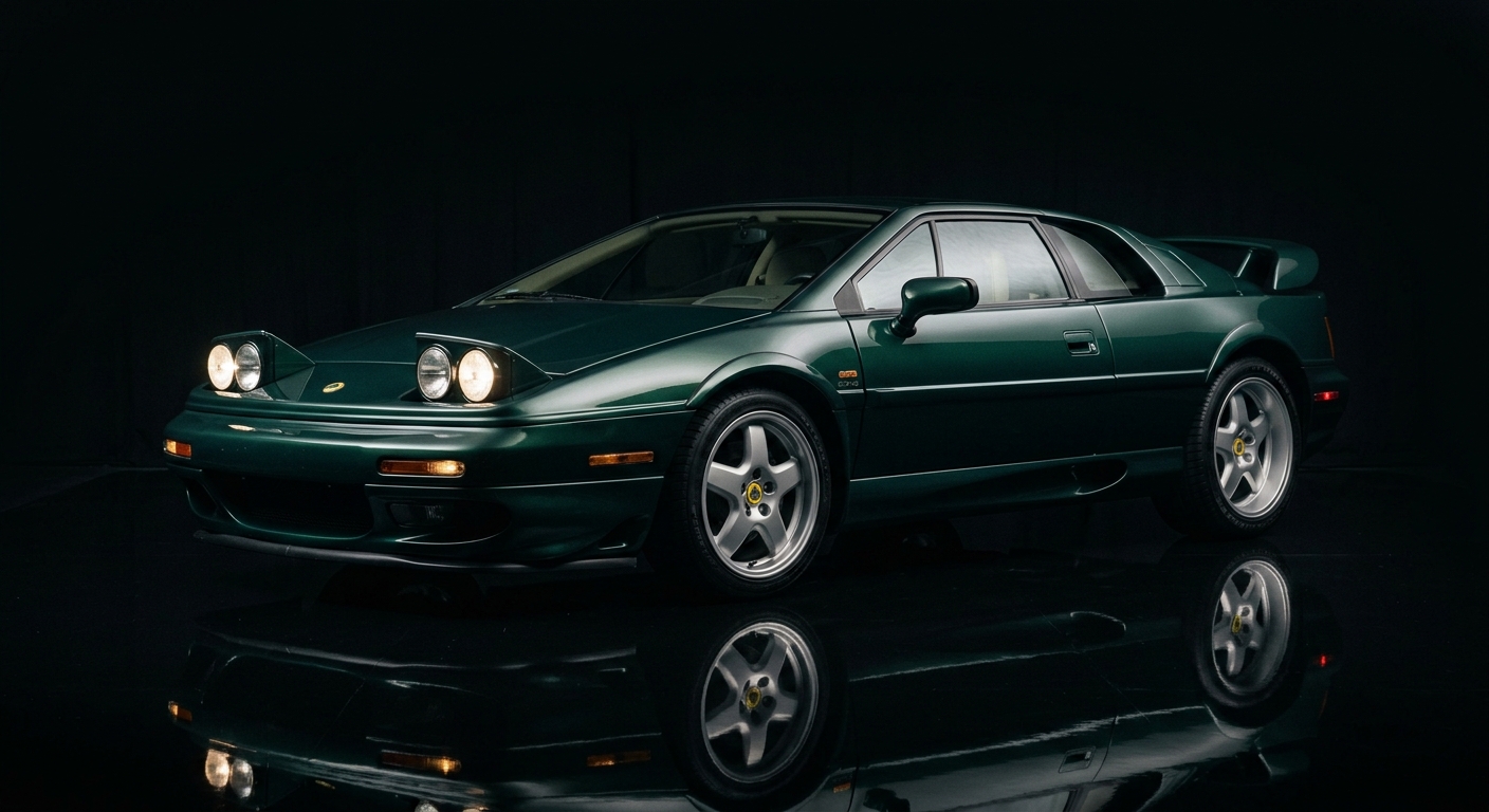 1994 Lotus Esprit S4s sports car in dramatic studio lighting against dark background