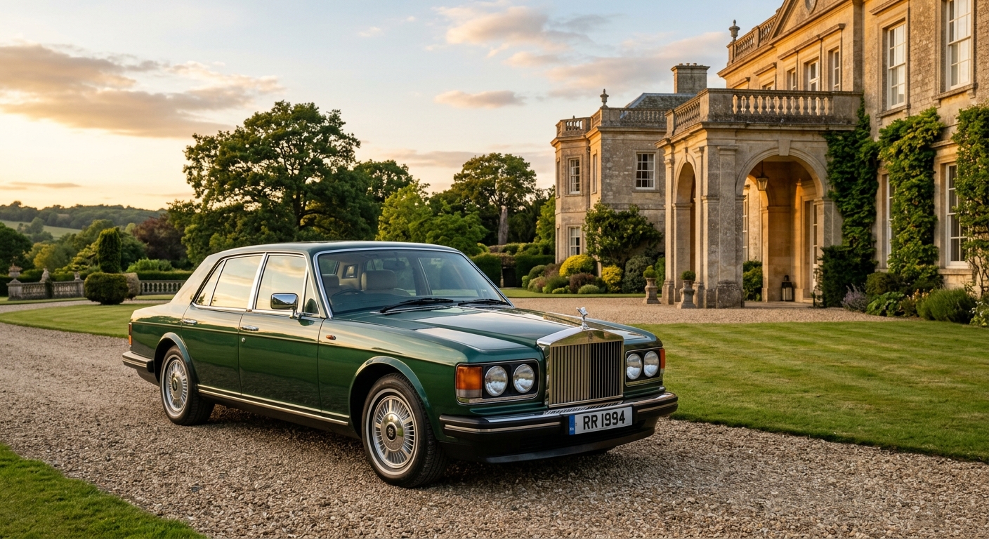 1994 Rolls-Royce Silver Shadow luxury sedan in elegant outdoor setting with warm lighting