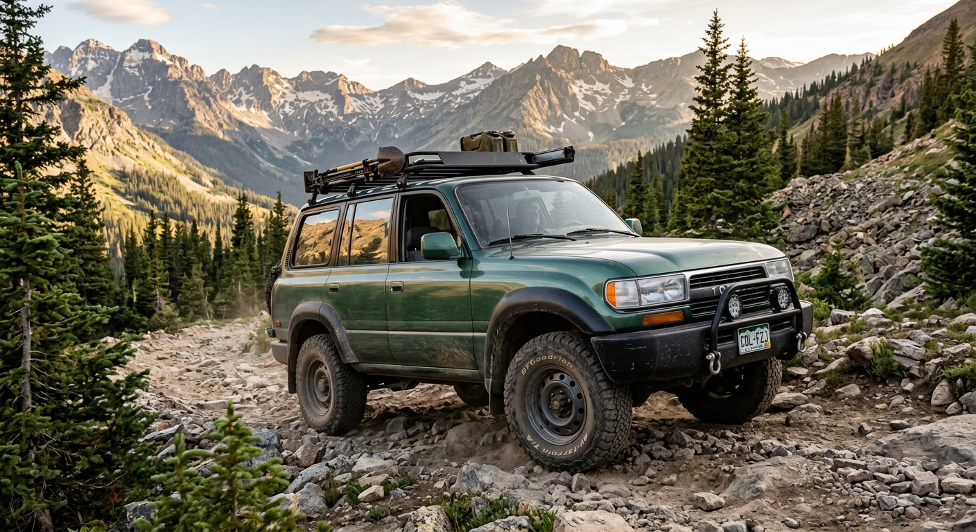 1994 Toyota Land Cruiser FZJ80 in forest green on rocky mountain trail with dramatic landscape background