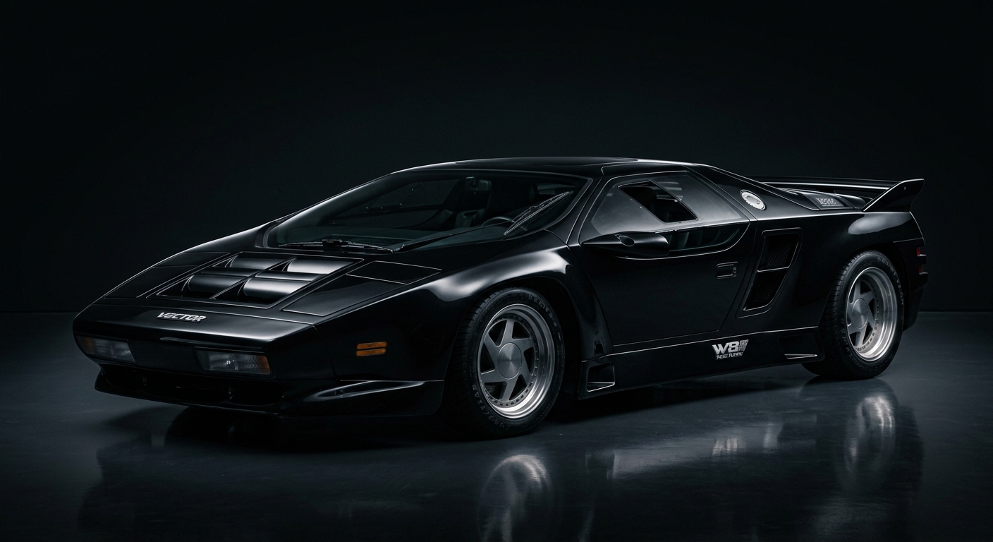1994 Vector W8 Twin Turbo supercar in dramatic studio lighting with dark background