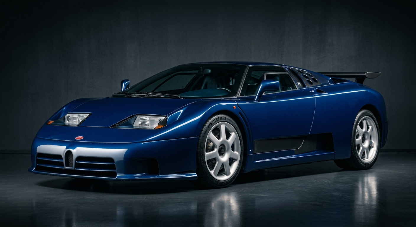 1995 Bugatti EB110 SS supercar in dramatic studio lighting with dark background
