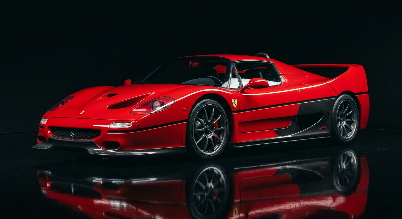 1995 Ferrari F50 in classic red finish photographed in dramatic studio lighting with dark background and reflective floor