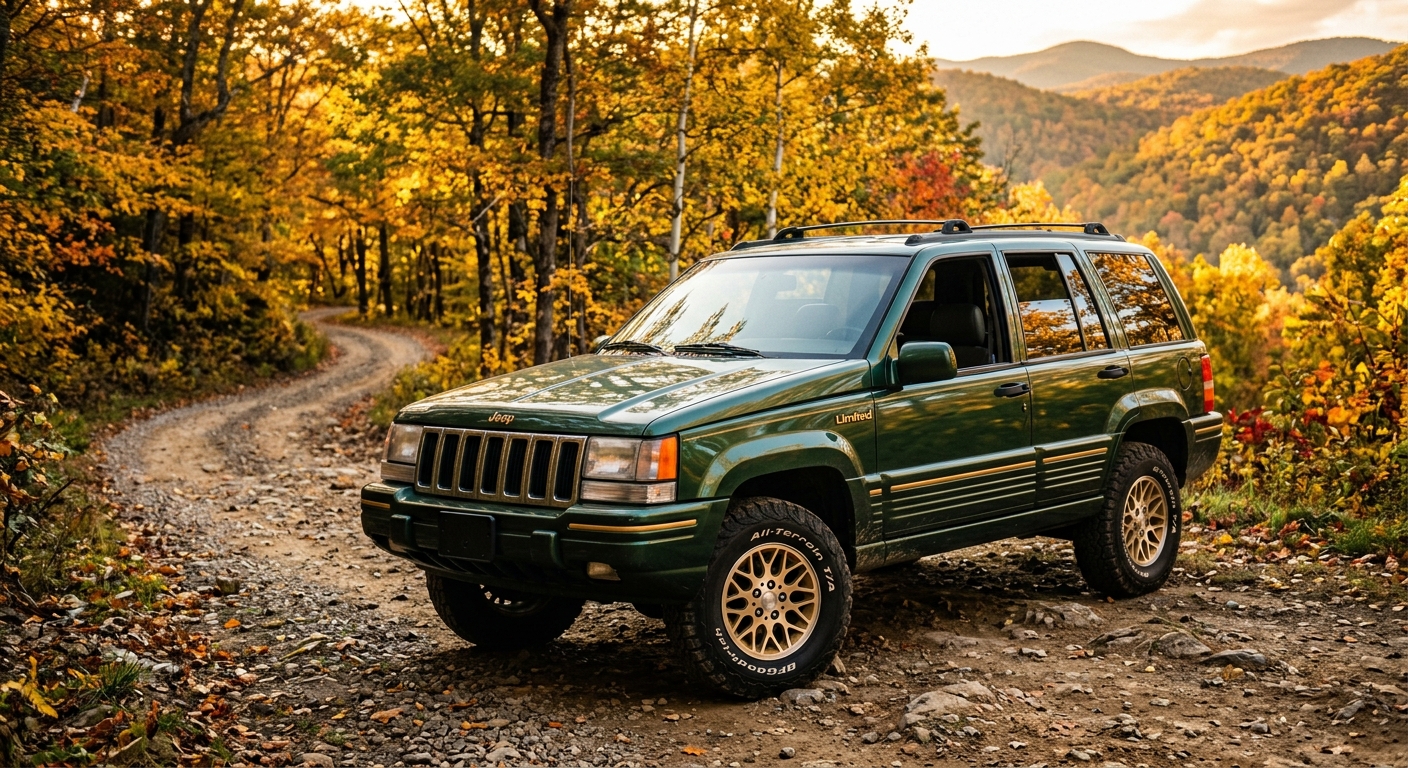 1995 Jeep Grand Cherokee Limited in forest green parked on mountain trail with autumn foliage