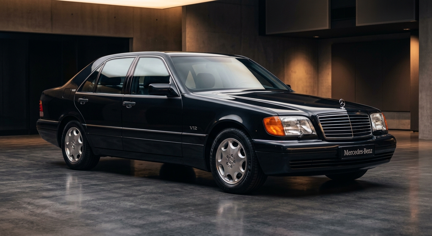 1995 Mercedes-Benz S600 luxury sedan photographed in elegant studio lighting with soft shadows