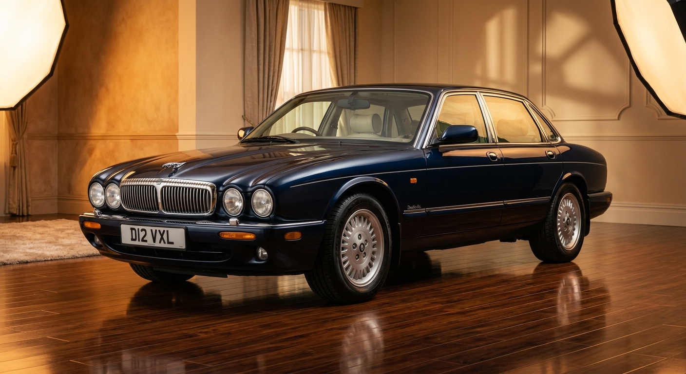 1996 Daimler Double-Six V12 luxury saloon in elegant studio lighting with warm golden tones
