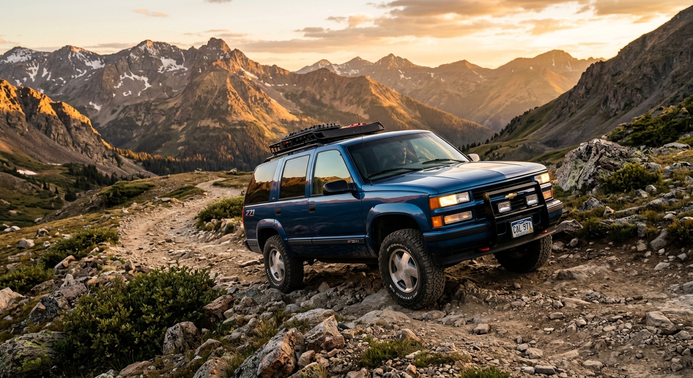 1999 Chevrolet Tahoe Z71 in rugged outdoor setting with dramatic mountain landscape background
