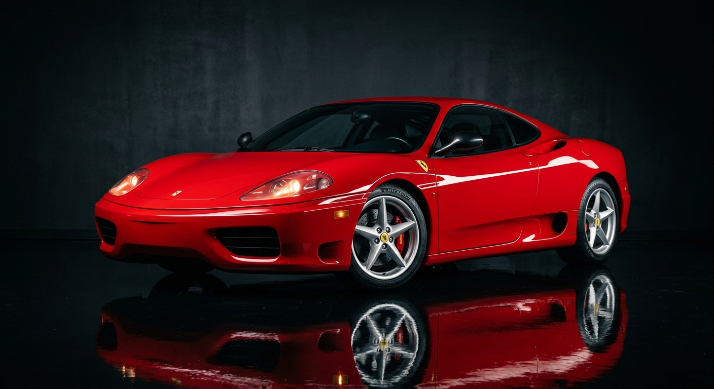 1999 Ferrari 360 Modena red supercar in dramatic studio lighting with dark background