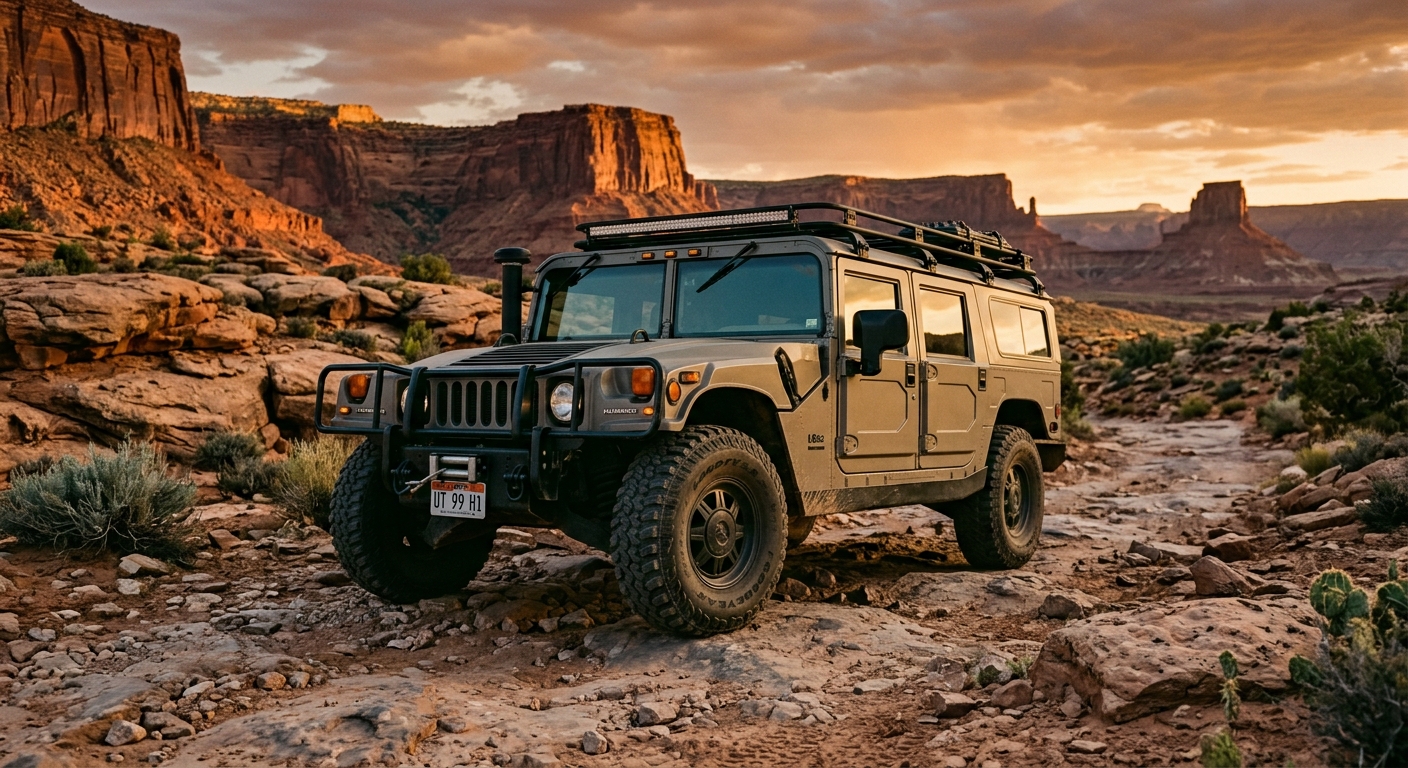 1999 Hummer H1 civilian SUV in desert landscape showing its massive military-inspired design