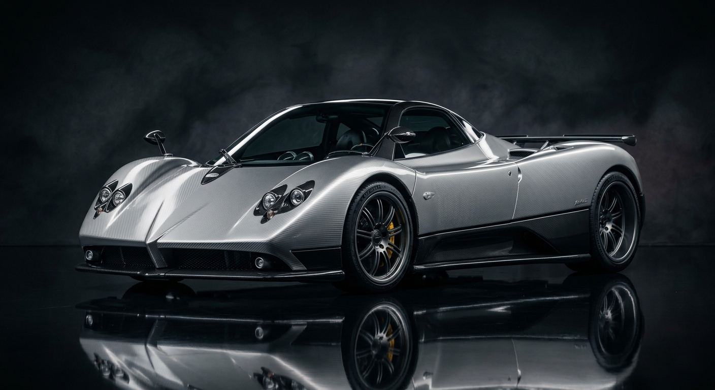 1999 Pagani Zonda C12 supercar in silver carbon fiber finish photographed in dramatic studio lighting