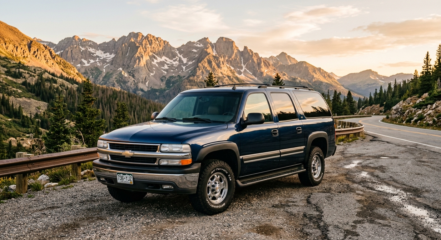 2000 Chevrolet Suburban 2500 LT full-size SUV photographed in dramatic mountain landscape setting