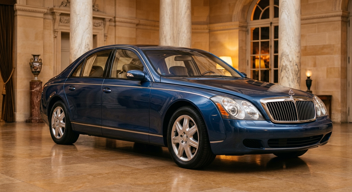 2000 Maybach 57 luxury sedan in elegant studio setting with soft warm lighting showcasing premium German craftsmanship