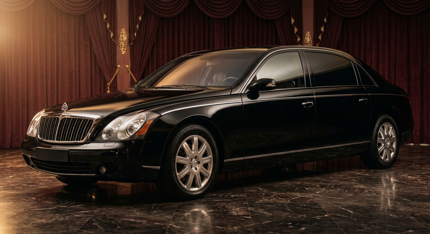 Black 2000 Maybach 62 luxury limousine in elegant studio setting with warm lighting