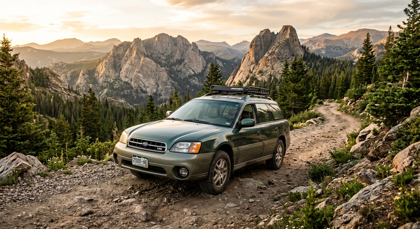 2000 Subaru Outback H6-3.0 in forest green photographed on a mountain trail with dramatic landscape background