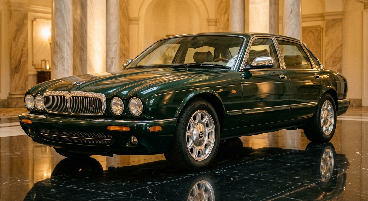 2001 Daimler Super V8 luxury sedan in elegant studio setting with warm lighting showcasing British luxury craftsmanship