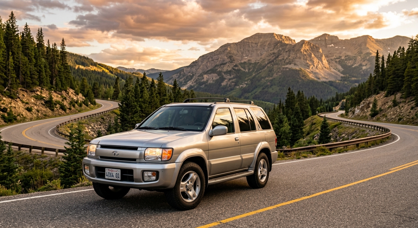 2001 Infiniti QX4 luxury SUV photographed outdoors against dramatic mountain landscape
