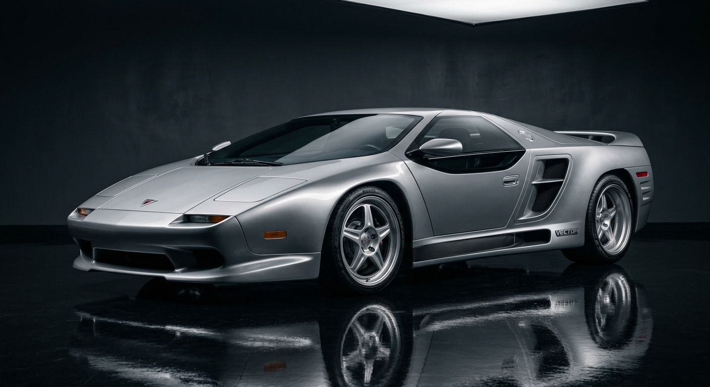 2002 Vector M12 supercar in dramatic studio lighting with dark background and reflective floor