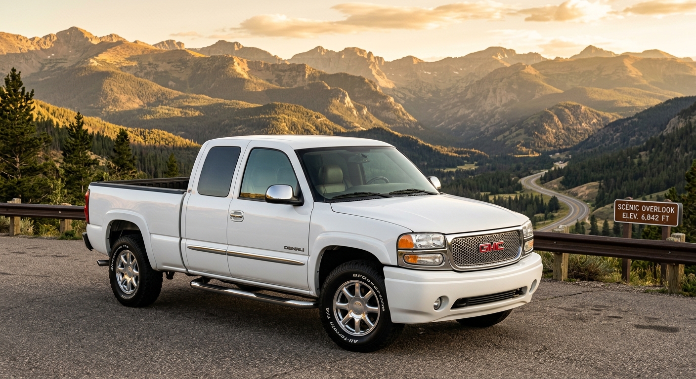 2003 GMC Sierra Denali luxury pickup truck in dramatic outdoor mountain setting