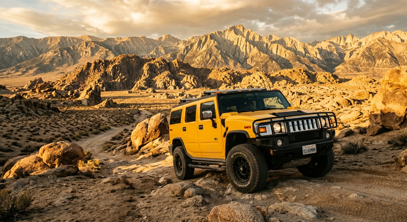 2003 Hummer H2 SUV in rugged desert landscape with dramatic mountain backdrop