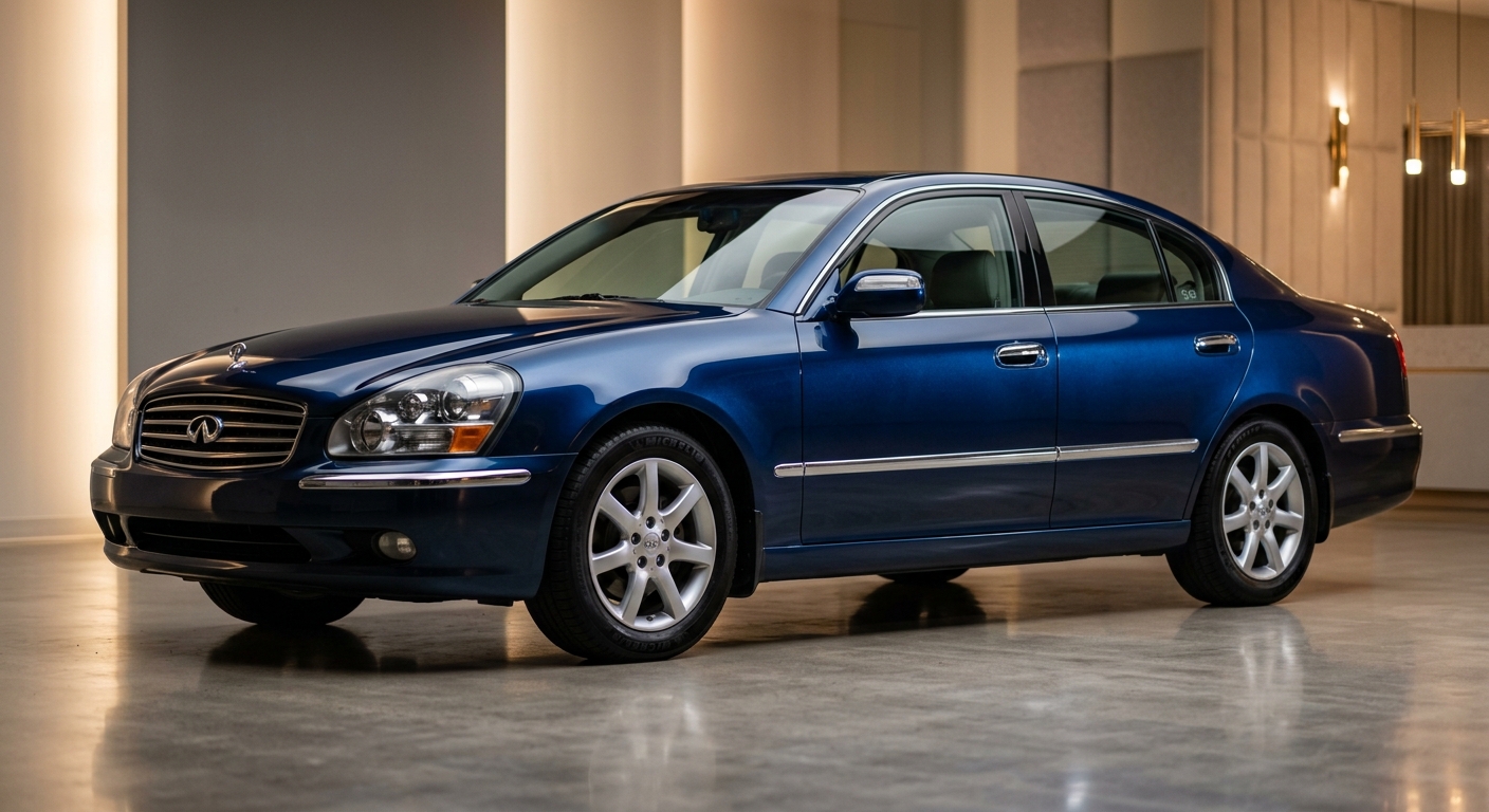 2003 Infiniti Q45 luxury sedan photographed in elegant studio setting with warm lighting