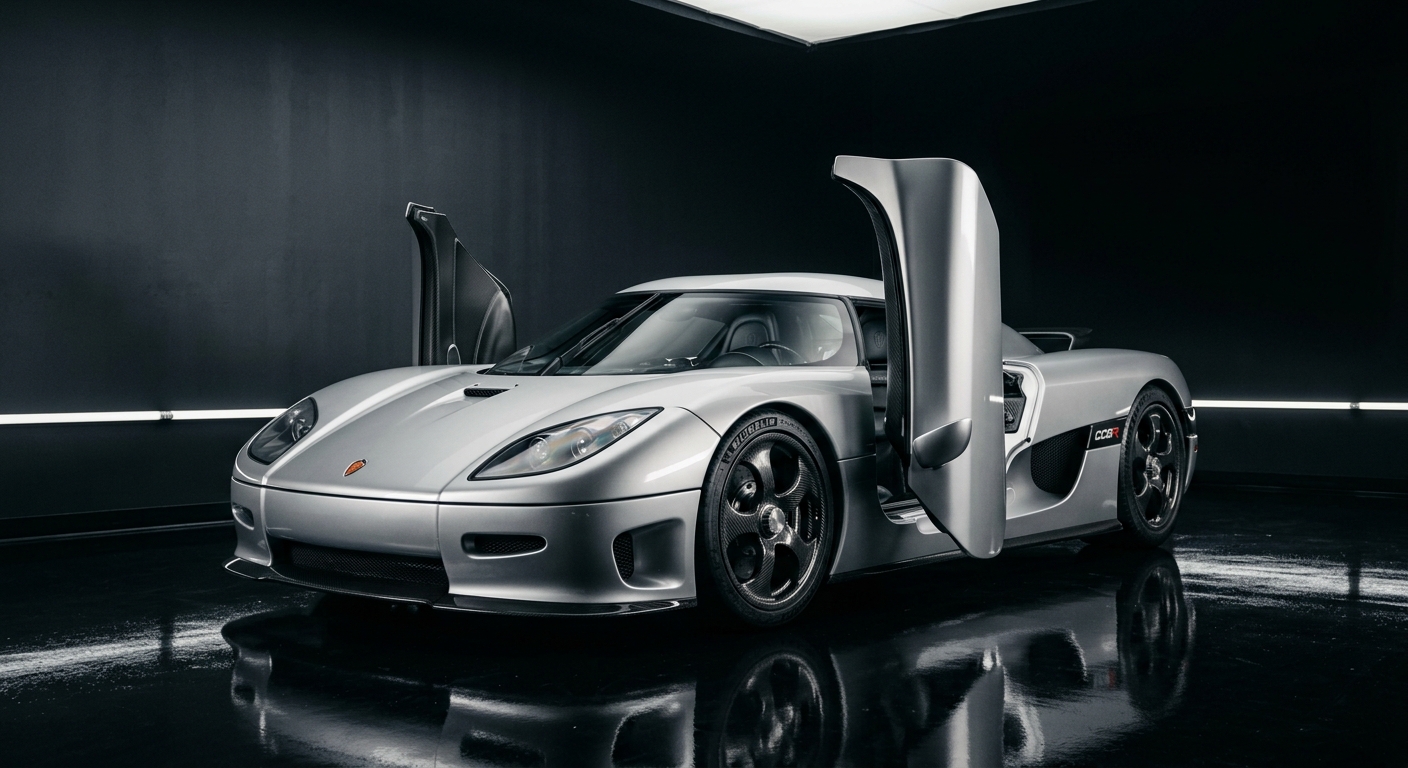 2003 Koenigsegg CC8R silver supercar in dramatic studio lighting with dark background