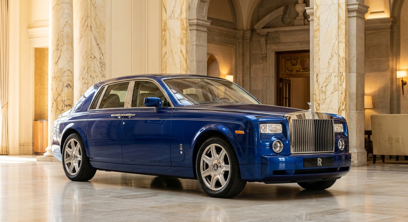 2003 Rolls-Royce Phantom VII luxury sedan in elegant studio setting with soft warm lighting