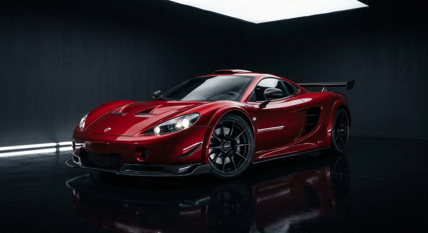 2004 Ascari A10 supercar in dramatic studio lighting with dark reflective background