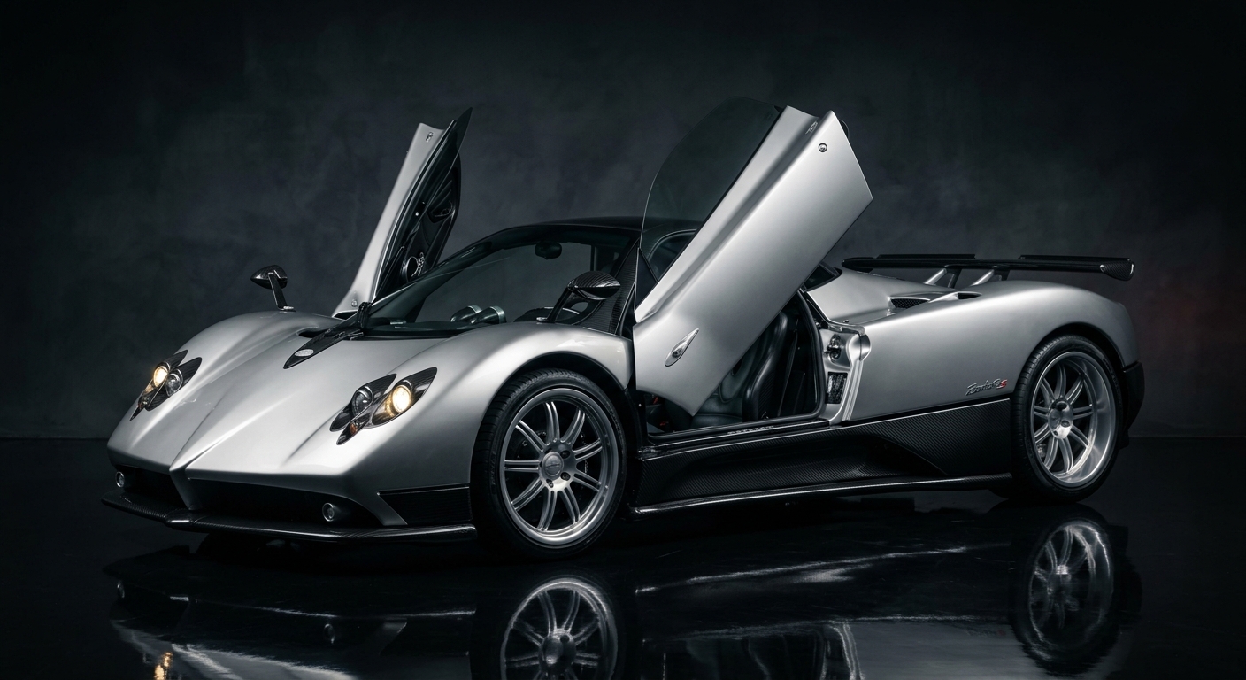 2004 Pagani Zonda C12 S silver hypercar in dramatic studio lighting with dark background and reflective floor