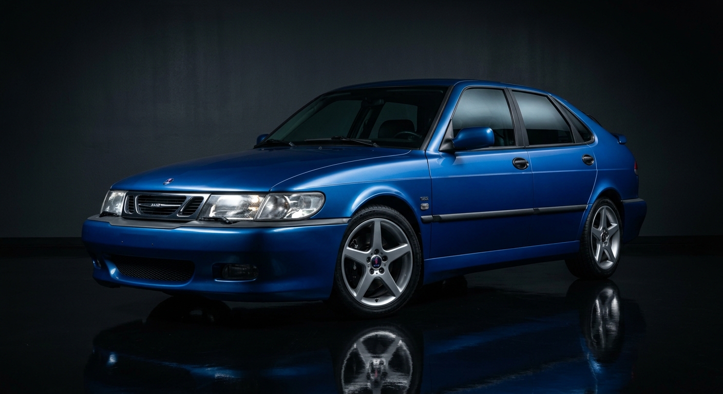 2004 Saab 9-3 Viggen in Lightning Blue parked in dramatic studio lighting with dark background
