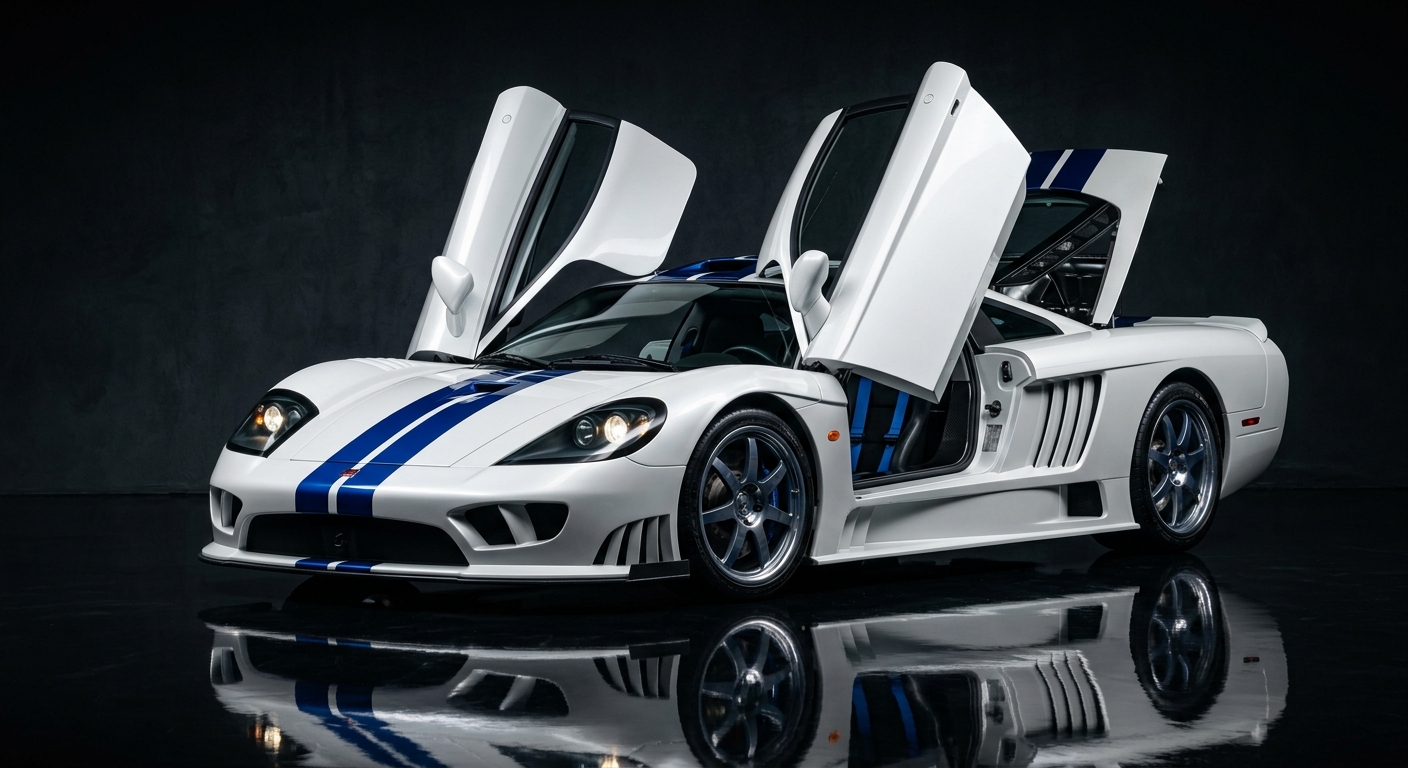 2004 Saleen S7 supercar in dramatic studio lighting with dark background and reflective floor