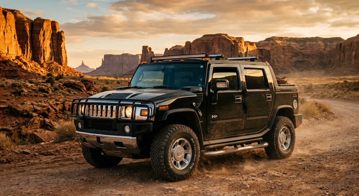 2005 Hummer H2 SUT pickup truck in desert landscape showing military-inspired design