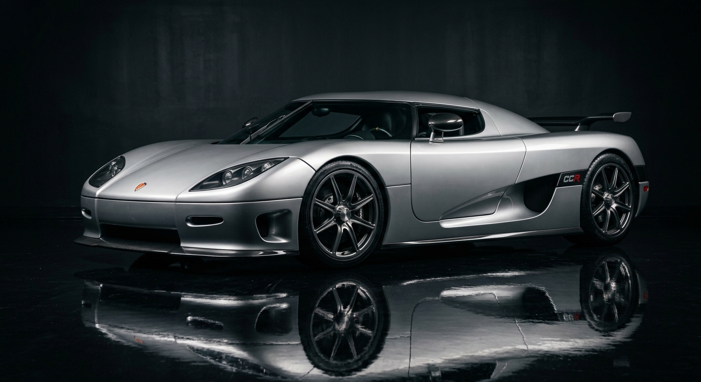2005 Koenigsegg CCR silver supercar in dramatic studio lighting with dark background