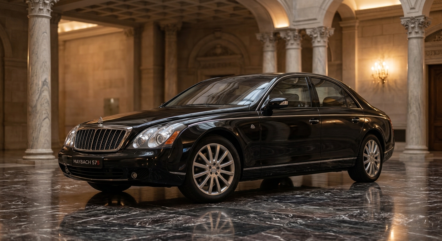 2005 Maybach 57S luxury sedan in elegant studio setting with warm lighting showcasing premium craftsmanship